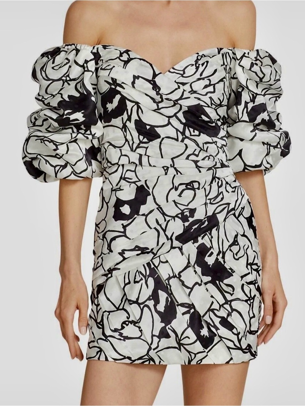Ronny Kobo Collection Black and White Floral Off-Shoulder Mini Dress